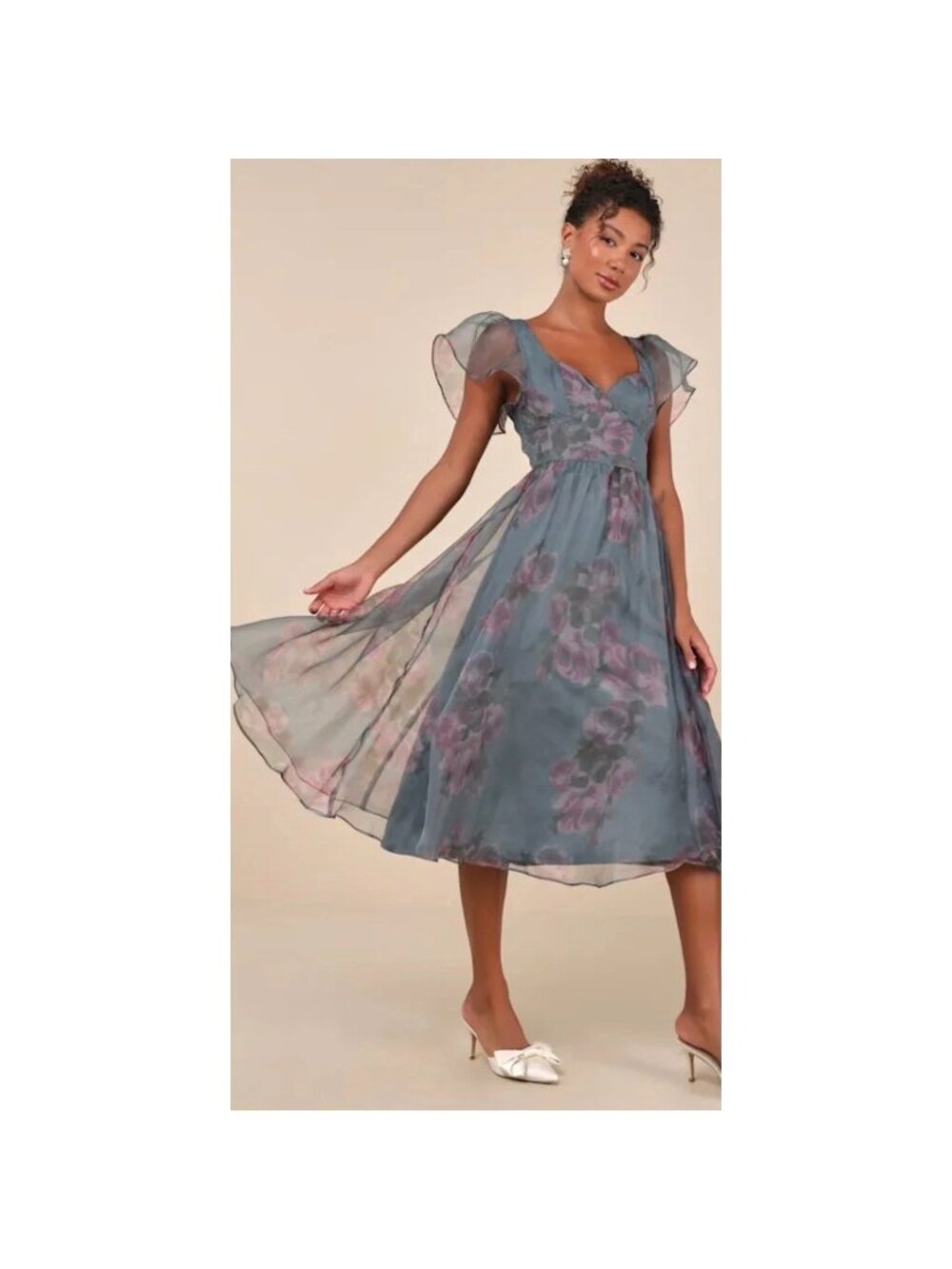 Womens Lulus Floral Organza Flutter Sleeve Midi Dress Teal Purple XXL NWOT